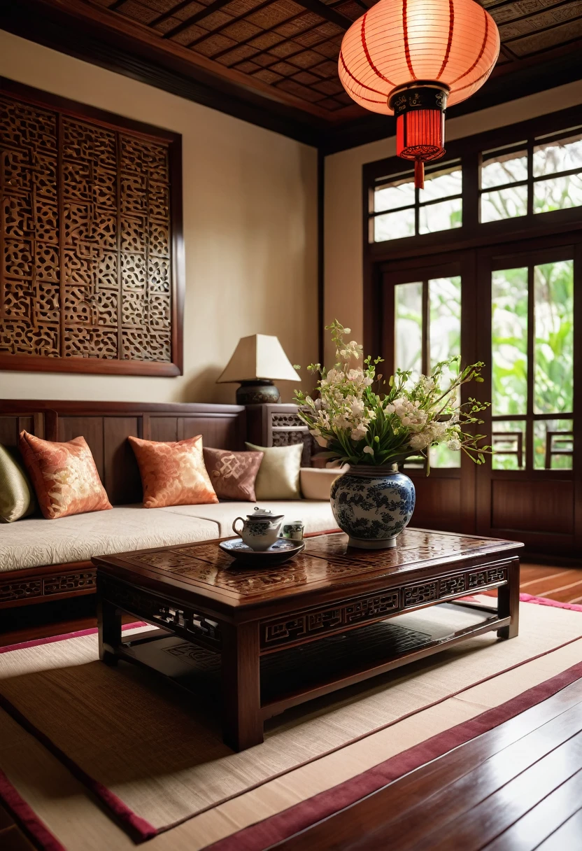 A cozy and elegant corner of a traditional Asian living room, seen from a low angle beneath a wooden coffee table. The table features a beautiful tea set and a simple, elegant floral arrangement. The rich textures of the wooden floor and intricate tile patterns are visible, along with plush cushions on the sofa and softly glowing lanterns on the walls. The room exudes a tranquil and inviting atmosphere with traditional Asian design elements, depth of field camera, ((8k)), high quality detail, soothing and elegant ambiance.
, ((8k)), ((UHD)), 8k, high quality detail, realistic photo, luxurious, beautiful, modern, soothing, cozy, peaceful, cottagecore