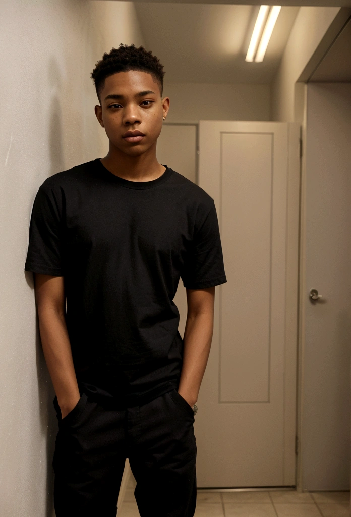 sharpened man leaning against a wall in a hallway, wearing a black shirt and khaki pants, in style of tyler mitchell, photo in style of tyler mitchell, Black teen, taken at the beginning of 2020, wearing pants and t-shirt, fear of god style, smooth in _ o fundo, mid shot portrait, high-quality portrait, soft luminosity
