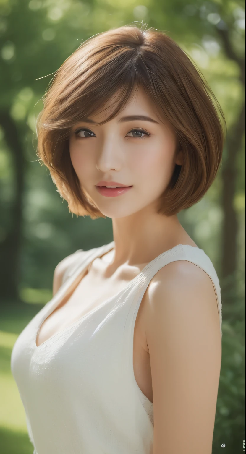 ((Highest quality、8K、masterpiece:1.3))、One Girl、The beauty of slim abs:1.3、(Hairstyle Brown Hair Short Cut、Huge boobs:1.2)、dress:1.1、Super detailed face、Delicate eyes、double eyelid、Laughter、Home、RAW Photos、Tank top、 outside、Sharp eyebrows