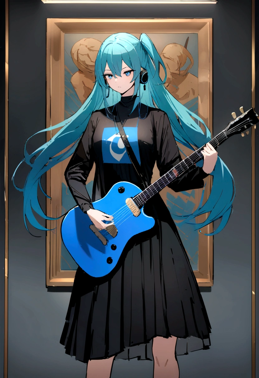 ((work of art, best qualityer))1 girl, standing alone, black gown, blue colored eyes, guitar elétricara, guitar, earbuds, rabo de cavalo duplo, containment, containment plectrum, instrument, long hair, music, one side up, teal hair, twin tails, tocando guitar, pleatedskirt, black jersey, hinterland