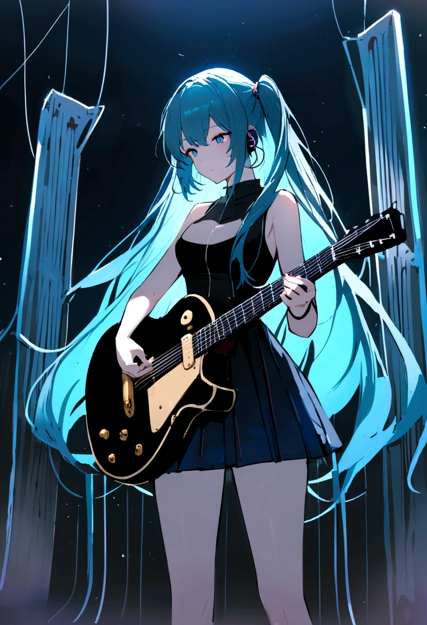 ((work of art, best qualityer))1 girl, standing alone, black gown, blue colored eyes, guitar elétricara, guitar, earbuds, rabo de cavalo duplo, containment, containment plectrum, instrument, long hair, music, one side up, teal hair, twin tails, tocando guitar, pleatedskirt, black jersey, hinterland