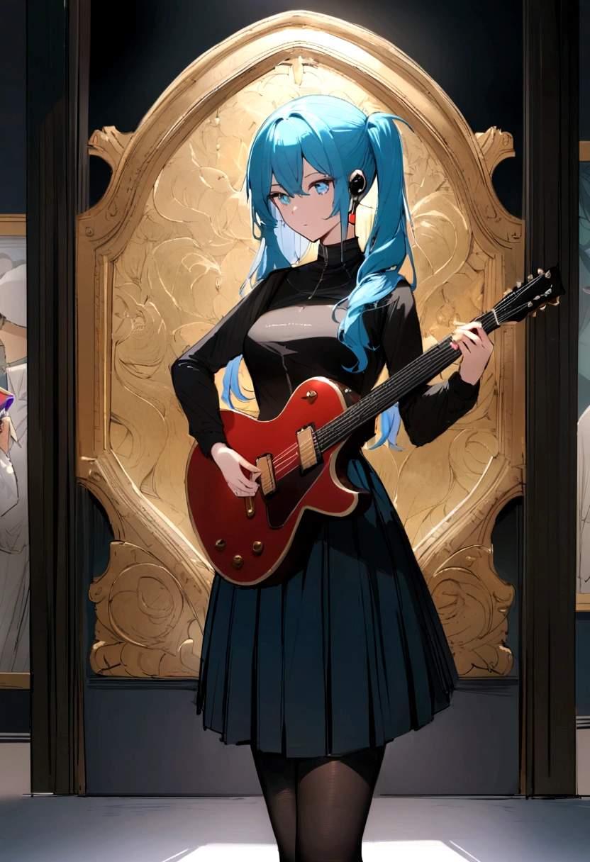 ((work of art, best qualityer))1 girl, standing alone, black gown, blue colored eyes, guitar elétricara, guitar, earbuds, rabo de cavalo duplo, containment, containment plectrum, instrument, long hair, music, one side up, teal hair, twin tails, tocando guitar, pleatedskirt, black jersey, hinterland