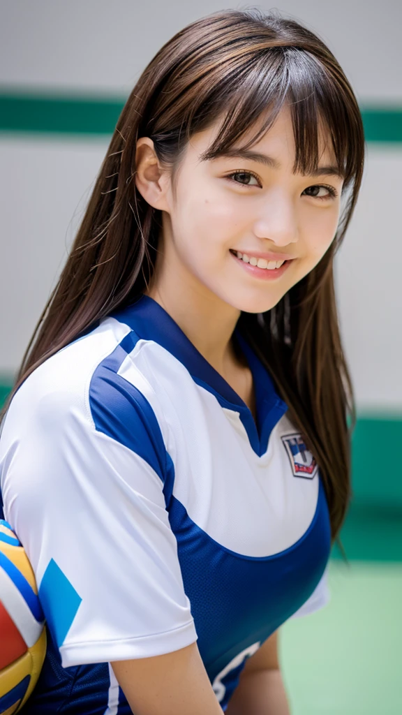 1girl, solo, /(volleyball uniform/), /(dark brown hair/) bangs, blush light smile, (masterpiece best quality:1.2), ultra-detailed, large breasts BREAK /(volleyball court indoors/)