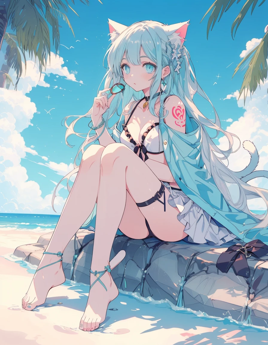 body tattoo, full-body, bikini, sunglass, sunshine, ((masterpiece, best quality:1.5)), ((Beautiful detailed cat aqua eyes:1.2)), cat ears, pale skin, medium breasts, beautiful hands, beautiful fingers, EasyNegative