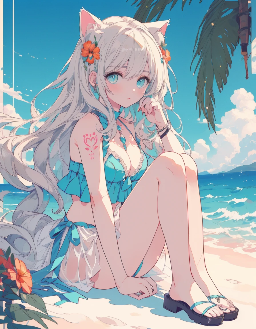 body tattoo, full-body, bikini, sunglass, sunshine, ((masterpiece, best quality:1.5)), ((Beautiful detailed cat aqua eyes:1.2)), cat ears, pale skin, medium breasts, beautiful hands, beautiful fingers, EasyNegative