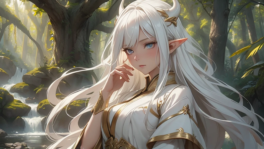 1 girl, Beautiful girl, White hair, "Elf with a captivating look, unearthly beauty, flowing golden hair, pointed ears, dressed in elaborate elven attire, surrounded by a mystical forest, soft sunlight, breaking through lush greenery.", Asian skin tone, Beautiful eyes, beautiful asian face, , long hair, masterpiece, , realistic hair, a lot of hair, White hair, depth of field, point of interest, depth of field is masterpiece, best photography composition masterpiece, rule of third masterpiece photography, daylight, photography masterpiece daylight from side, realistic skin texture, strong reflection, ( pose pinterest) masterpiece beautiful, Devil's Horns, smooth pixel, ray of light, soft light,