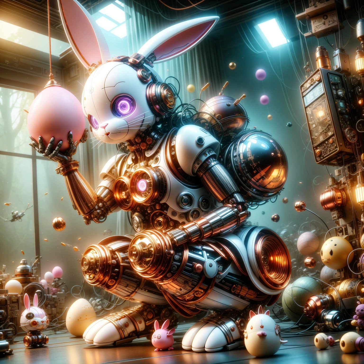 Pixar style, (toy style blind box:1.2), Cute mechanical rabbit in clothes，透明发world，霓虹灯world，High precision mechanical parts，Its body is made of high quality copper and silver components..，眼睛像两颗发world的宝石，clean, White background, (global illumination, world线追踪, high dynamic range, Unreal rendering, Smart Design, high detail, masterpiece, Best quality, Ultra high resolution, world)，chibi, 3d