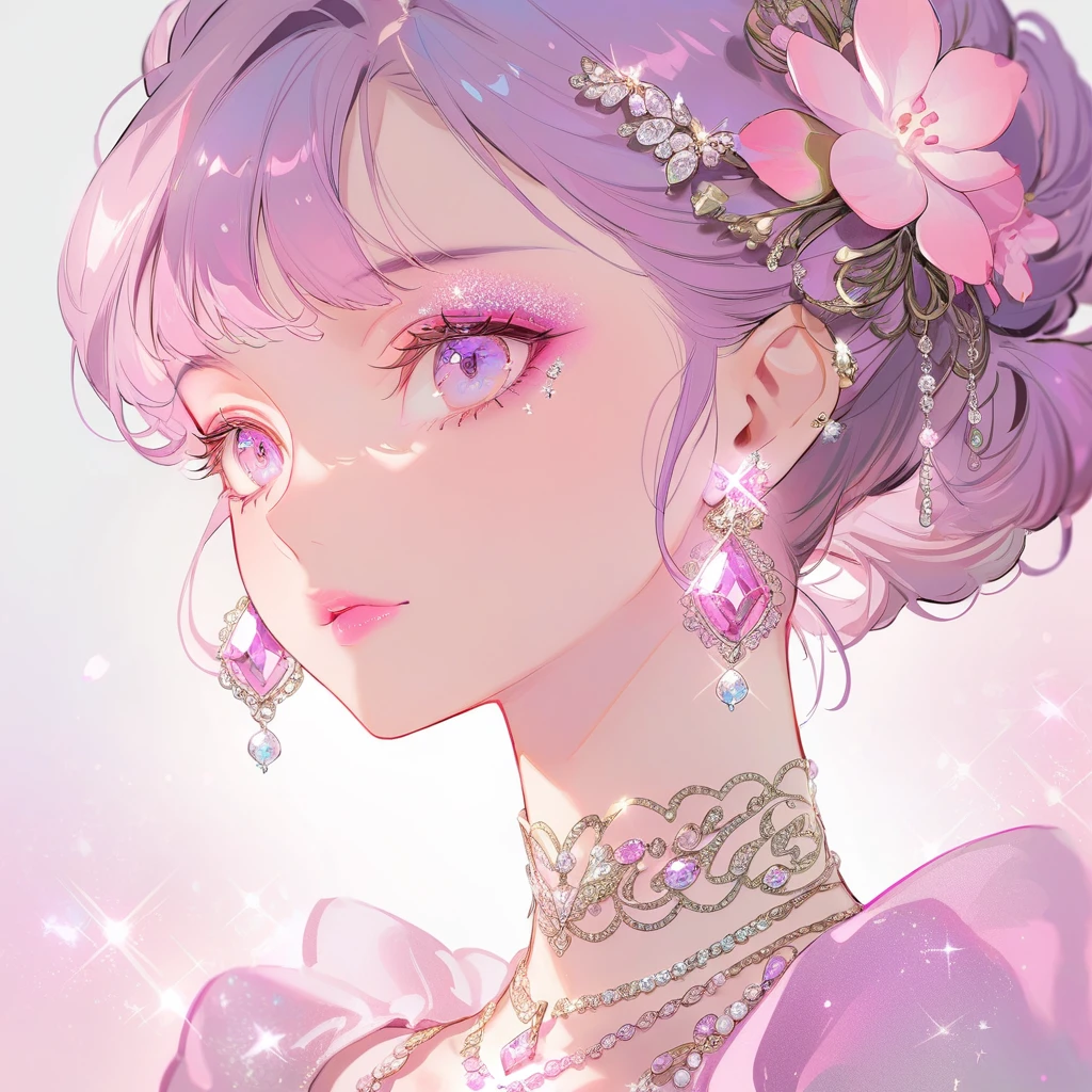 1girl, closeup, purple eyes, pink eyes, purple hair, diamond earrings, diamond necklace, pink lips, gorgeous, shining, glitter, beautiful face, pink theme