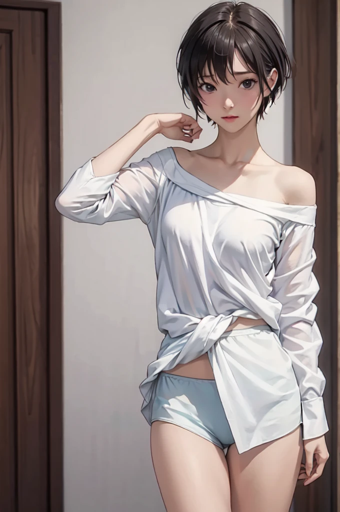 ((masterpiece, best quality)),((high resolution:1.3)), 1 Girl, solo, Cowboy Shot, Blurred Background, (((Small breasts))), Thighs, (underwear), ((lift Shirts:1.3)), Off shoulder, pixie cut