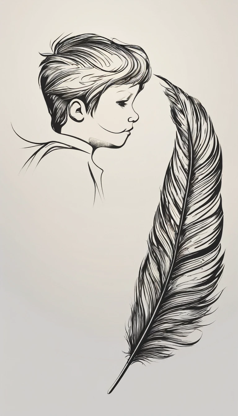 Create a minimal, modern, simple, inspirational, memorable, dream like logo design of a boy and a feather for the brand “Penamemoria".