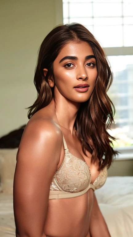 No make up, cool temperature,body close up photo of naked Pooja hegde,slim,sexiest lingerie, bedroom, intricate details, cold room, lean eyebrow, pooja hegde,pooja1, free shaggy hair,(( fair skin)), cold room