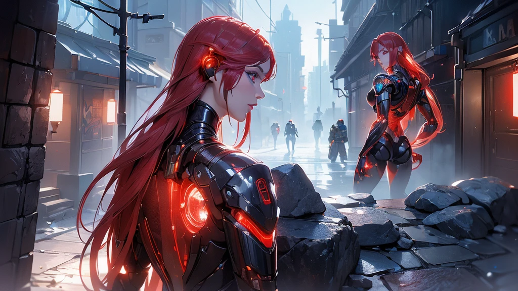 (back view, back view),,(masterpiece:1.4), ((Best quality:1.4 ),,Ariana Granfrom, (Organic cyborgs:1.4) , charming smile,(red plastic:1.4) , diffuse lighting, elegant, difficult, elegant, muy fromtallado, natural, Photorealistic, Digital paint, estaciones from arte, illustration, conceptual art, seeds, sharp focus, El arte from John Collier y Albert Obright y Krenz Kusart y Artem Demura,foto froml cuerpo, (background alley walls big stones night cyberpunk :1.4), (ojos fromtailed azules :1.4), (perfect anatomy), {-error_from_anatomy:1.0}, (bright colors), (red cyborg, Human hybrid :1.4), Evening, (beautiful artificial intelligence transparent red:1.4)