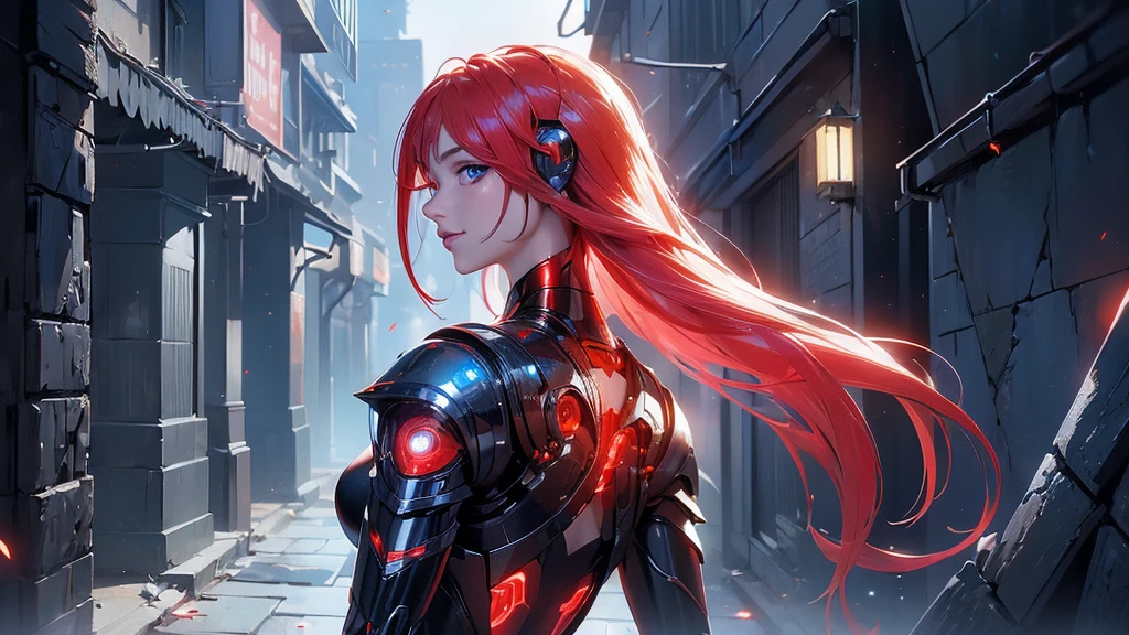 (back view, back view),,(masterpiece:1.4), ((Best quality:1.4 ),,Ariana Granfrom, (Organic cyborgs:1.4) , charming smile,(red plastic:1.4) , diffuse lighting, elegant, difficult, elegant, muy fromtallado, natural, Photorealistic, Digital paint, estaciones from arte, illustration, conceptual art, seeds, sharp focus, El arte from John Collier y Albert Obright y Krenz Kusart y Artem Demura,foto froml cuerpo, (background alley walls big stones night cyberpunk :1.4), (ojos fromtailed azules :1.4), (perfect anatomy), {-error_from_anatomy:1.0}, (bright colors), (red cyborg, Human hybrid :1.4), Evening, (beautiful artificial intelligence transparent red:1.4)