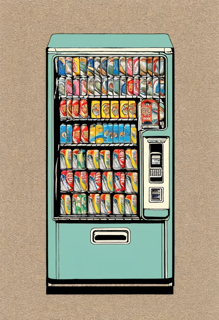 Tinned sardine vending machine, ukiyo e, contemporary style, ((detailed and expressive )), fine art style, lots of fine lines and full colour shading style, muted colours, full background with detailed line art