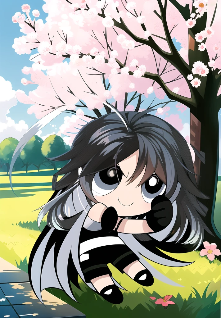 (long hair, gradient hair, black white hair), smile, chibi, 1girl, black eyes, gloves, jewelry, shorts, black shorts, asymmetrical gloves, big blossom tree background,