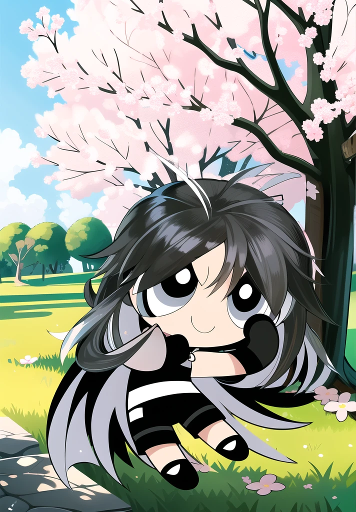 (long hair, gradient hair, black white hair), smile, chibi, 1girl, black eyes, gloves, jewelry, shorts, black shorts, asymmetrical gloves, big blossom tree background,