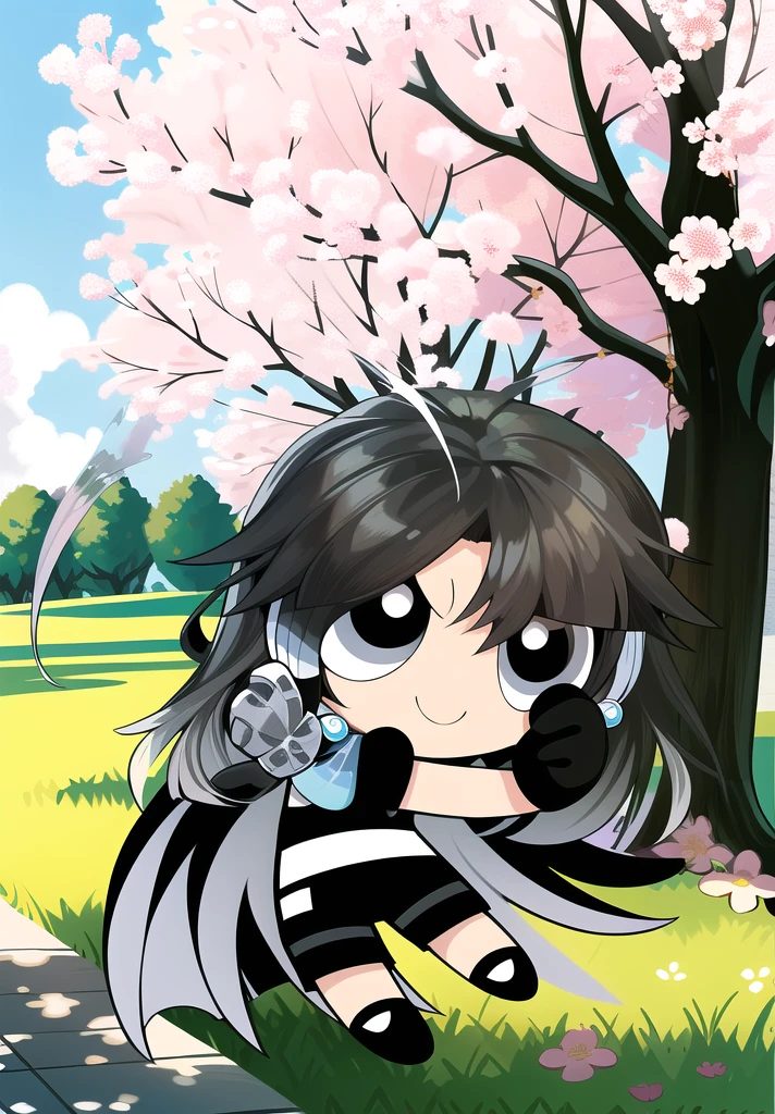 (long hair, gradient hair, black white hair), smile, chibi, 1girl, black eyes, gloves, jewelry, shorts, black shorts, asymmetrical gloves, big blossom tree background,
