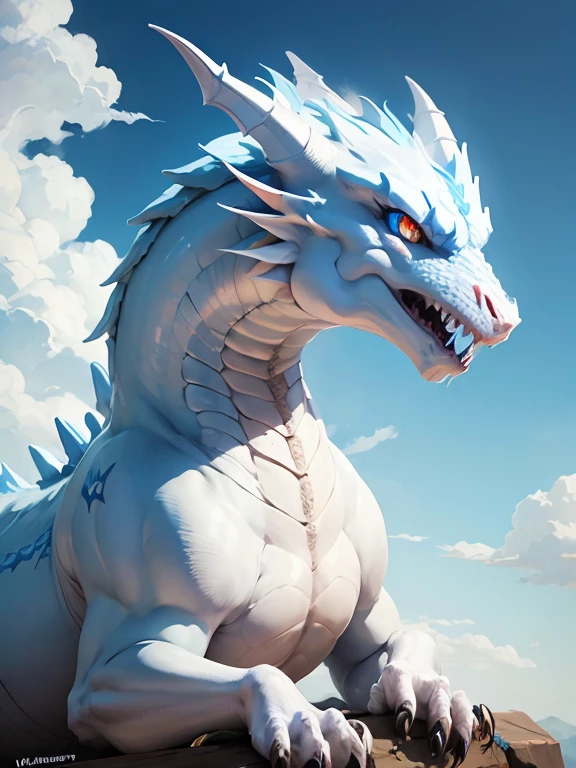 White dragon with blue eyes in a blue sky