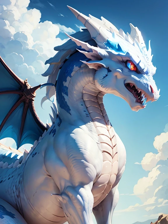 White dragon with blue eyes in a blue sky