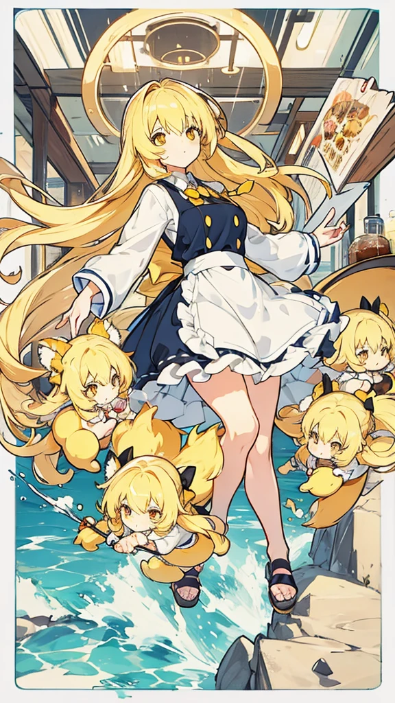 Showing the whole body Cute Baby face Big breasts Cafe staff Long hair Blonde Yellow eyes Deformed Honey 1 person