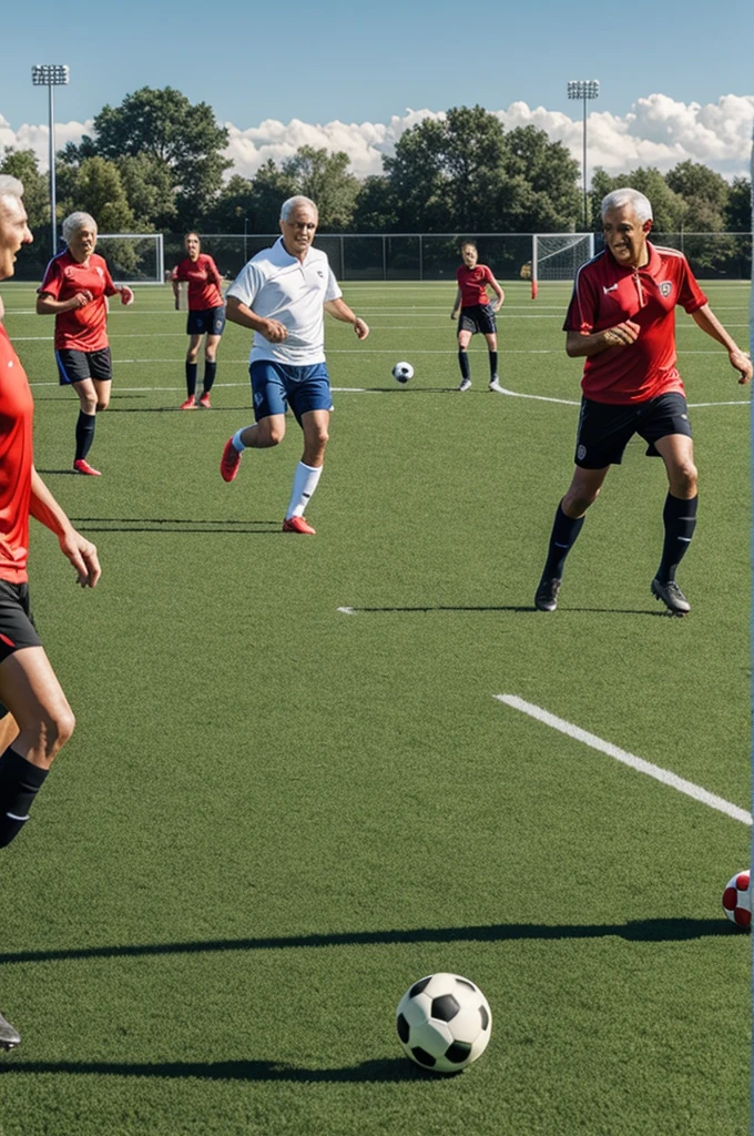Group of seniors playing soccer on a full synthetic field