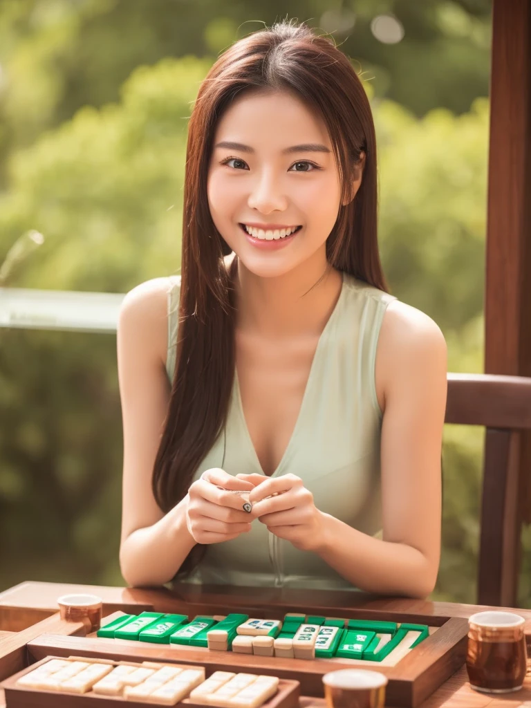 A smiling Chinese beauty playing mahjong,Someone is smoking next to me