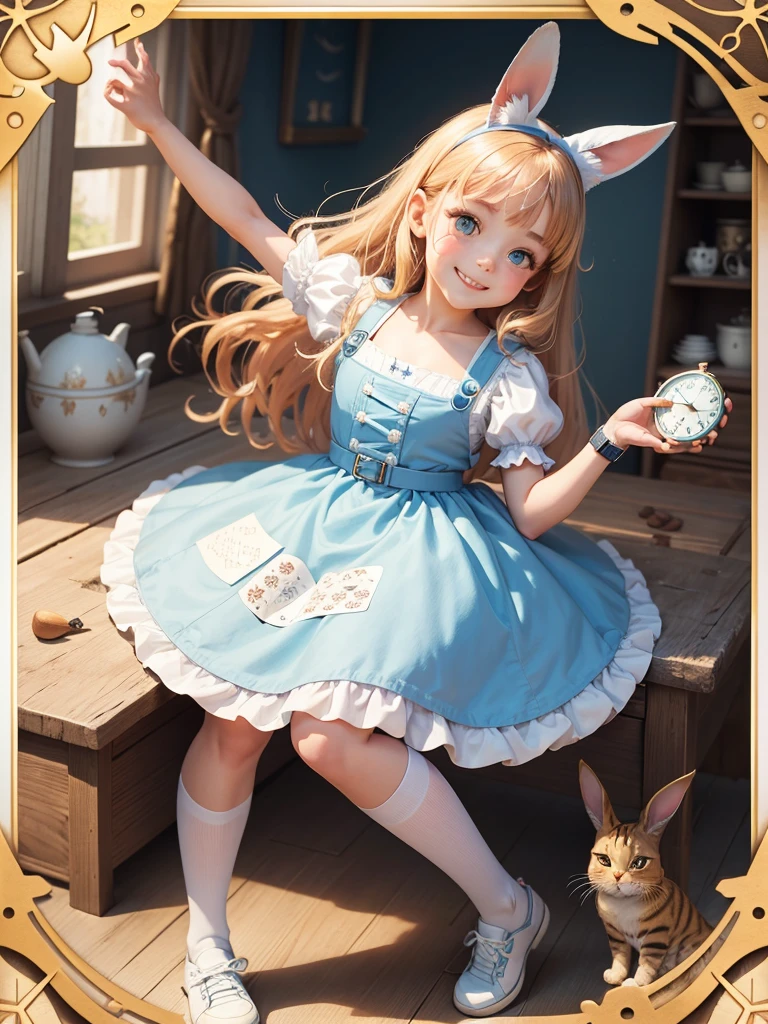 The best picture quality, the world of Alice in Wonderland story, an adorable 5 year old , light blue dress and white apron, white tights and shoes with black belt, a  in Alice in Wonderland costume, holding a pear in her right hand, smiling very happily, amazingly large round shining eyes,long eyelashes, chestnut hair, friendly and bright smile, a card soldier, a chisha cat and a rabbit with a watch,