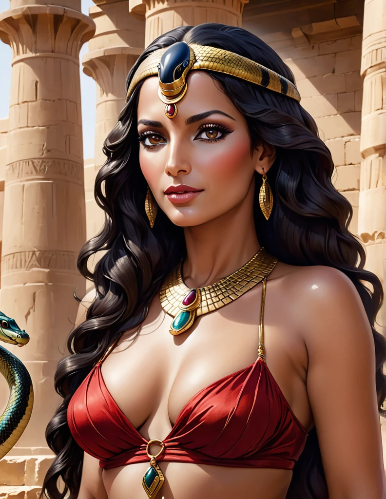 Cléopâtre, reine d'Égypte, Femme mature chaude, très enceinte, une peau de serpent, sexy , corps maternelle, Égypte antique, grosse poitrine, un temple égyptien,robe rouge et maron couleur sable, moule le corps, vêtements transparent, de long cheveux noirs raide , orné de nombreux bijoux enceinte de quintuplé, poitrine gonflé qui ejecte du lait, dents serpent visible, sourit, avec des yeux doré, pupilles reptilienne, femme serpent, gorgone.