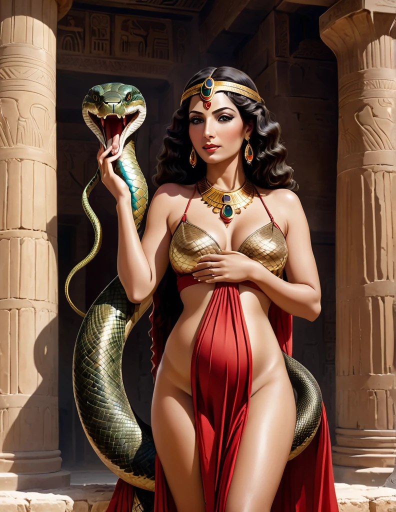 Cléopâtre, reine d'Égypte, Femme mature chaude, très enceinte, une peau de serpent,  sexy , corps maternelle, Égypte antique, grosse poitrine, un temple égyptien,robe rouge et maron couleur sable, moule le corps, vêtements transparent, de long cheveux noirs raide , orné de nombreux bijoux enceinte de quintuplé, poitrine gonflé qui ejecte du lait, dents serpent visible, sourit,  avec des yeux doré, pupilles reptilienne, femme serpent, gorgone.