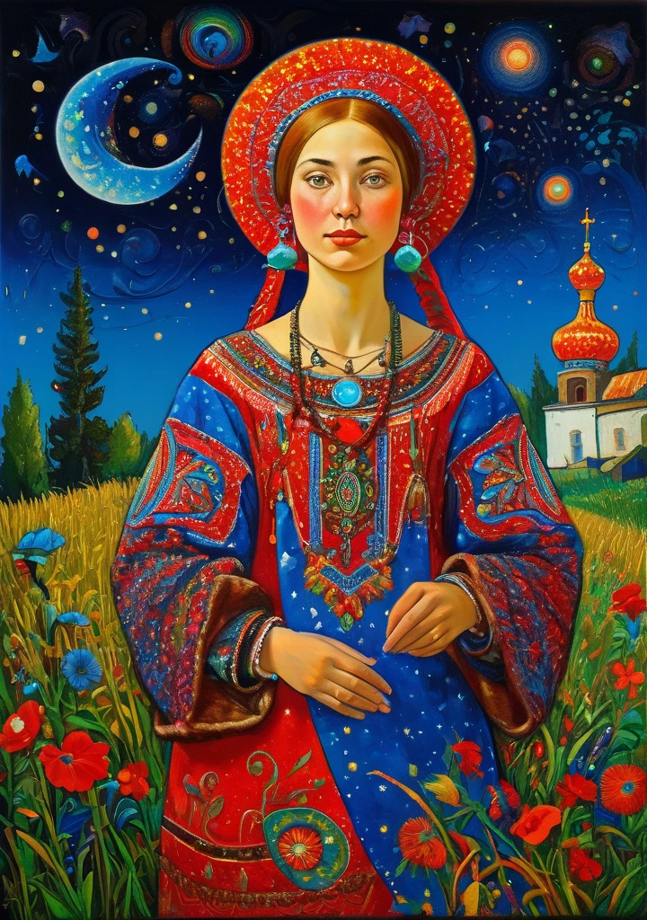 young Alenka, dream under the starry summer sky, Russian paraphernalia, from the shoulder, very colorful,
Best Improvisation, ((Mordecai-Ardon style!)), ((perfect full body detail)), magical naive art, primitivism, Protogen, crimson
, ((best qualityer, work of art)), ((higher detail)), cru:1,1, 8K