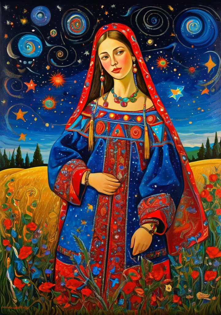 young Alenka, dream under the starry summer sky, Russian paraphernalia, from the shoulder, very colorful,
Best Improvisation, ((Mordecai-Ardon style!)), ((perfect full body detail)), magical naive art, primitivism, Protogen, crimson
, ((best qualityer, work of art)), ((higher detail)), cru:1,1, 8K