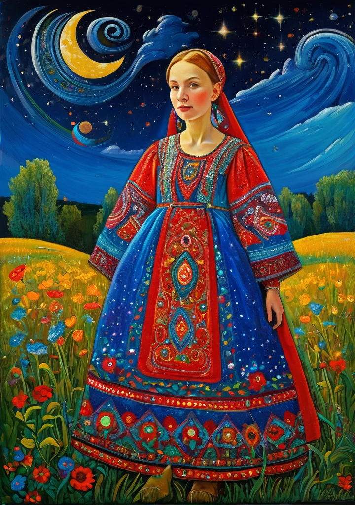  young Alenka, dream under the starry summer sky, Russian paraphernalia, from the shoulder, very colorful,
 Best Improvisation,  ((Mordecai-Ardon style!)), ((perfect full body detail)), magical naive art, primitivism, Protogen, crimson
, ((best qualityer, work of art)), ((higher detail)), cru:1,1, 8K