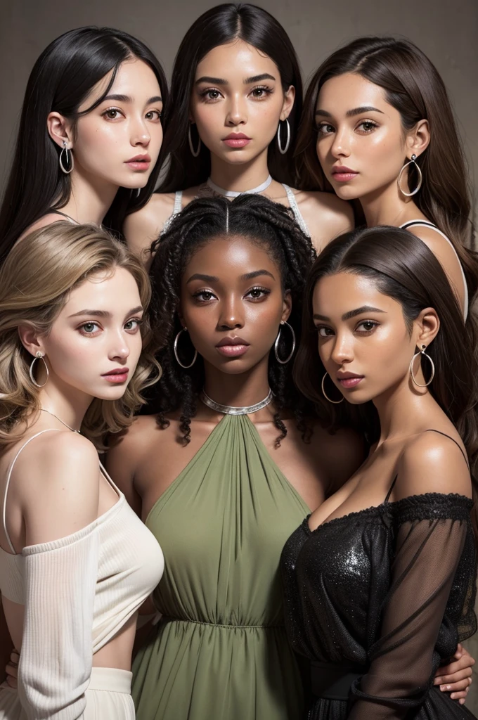 Raise four women together . The first with short curly dark brown hair, brown dark eyes, black skin with a silver hoop earring. The second with moss green eyes, light brown wavy hair, Caucasian skin e brinco de argola dourada. The third with straight dark blonde hair, big brown eyes, Caucasian skin. A quarta com brown dark eyes, cabelo black Power, dark skin and silver earrings