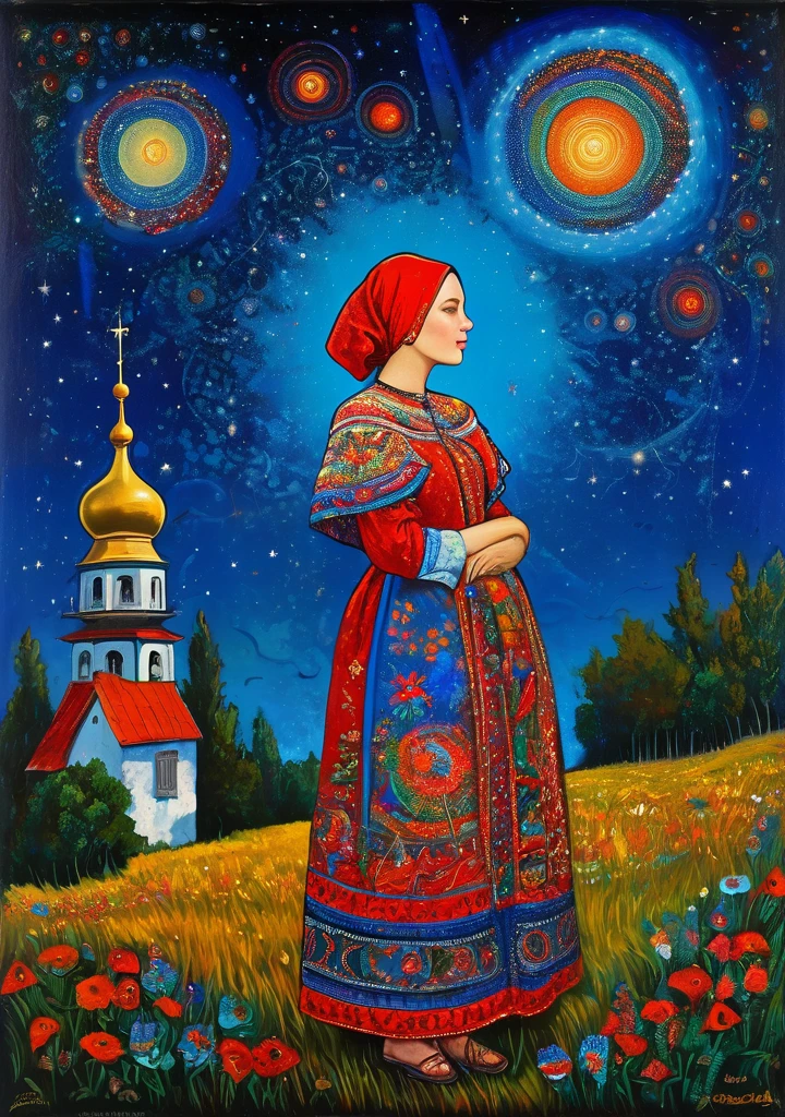 young Alenka, dream under the starry summer sky, Russian paraphernalia, from the shoulder, very colorful,
Best Improvisation, ((Mordecai-Ardon Style!)), ((perfect full body detail)), magical naive art, Primitivism, protogen, Crimson
, ((best quality, Artwork)), ((highest detail)), raw:1,1, 8K