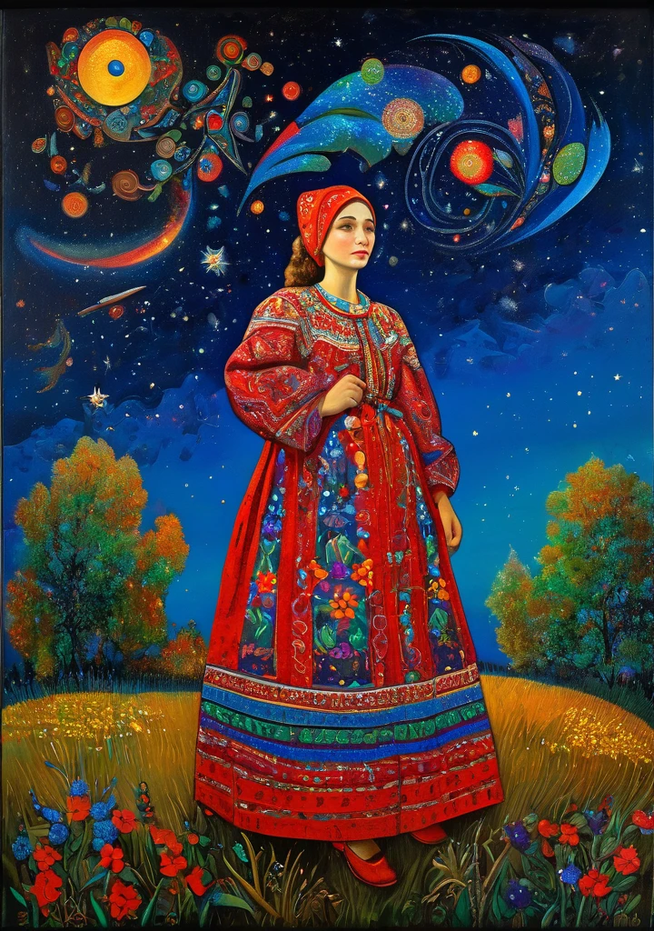 young Alenka, dream under the starry summer sky, Russian paraphernalia, from the shoulder, very colorful,
Best Improvisation, ((Mordecai-Ardon Style!)), ((perfect full body detail)), magical naive art, Primitivism, protogen, Crimson
, ((best quality, Artwork)), ((highest detail)), raw:1,1, 8K