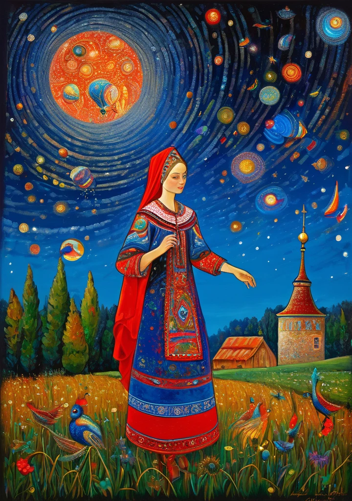 young Alenka, dream under the starry summer sky, Russian paraphernalia, from the shoulder, very colorful,
 Best Improvisation, ((Mordecai-Ardon Style!)), ((perfect full body detail)), magical naive art, Primitivism, protogen, Crimson
, ((best quality, Artwork)), ((highest detail)), raw:1,1, 8K