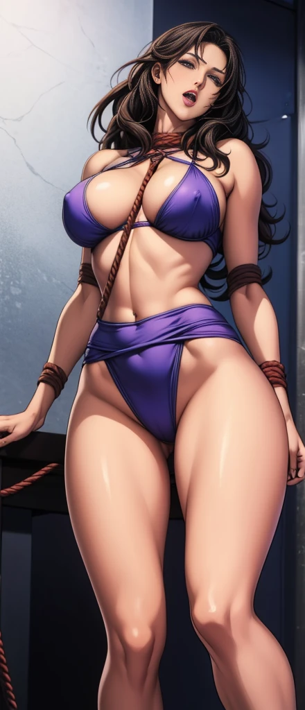 girl,alone,Gray background,Artistic lighting,Beautiful Asian Goddess,Long black hair,Long Hair,Wavy Hair,eyelash, blue eyes, lipstick, Completely naked,(Fully expose your thighs to the viewer:1.4),Standing with legs apart,(Rope Bondage:1.3),((Put your arms behind your back)),((Wrists tied behind the back)),,Tied up woman,Sensual,(Hair blowing in the wind),Graceful features,No sleeve,Mature Woman, Mature Woman,Detailed fingers, Perfect hands, Length 180cm,Small face,sweating,Soft thighs,Sexy legs,Sexy ass, Cleavage,Open the chest,Smooth thighs and legs,((Amazing orgasm)),大きなSexy ass, Perfect Body Proportions, Slim waist,Nipples visible,The areola is protruding,Tight waist,(Long legs:1.4),E cup bust,Thighs open,Huge :1.3,perspective:1.2,Looking at the audience,Character-centric,symmetry diagram,whole body:1.5,From below:1.2,Abdominal shot