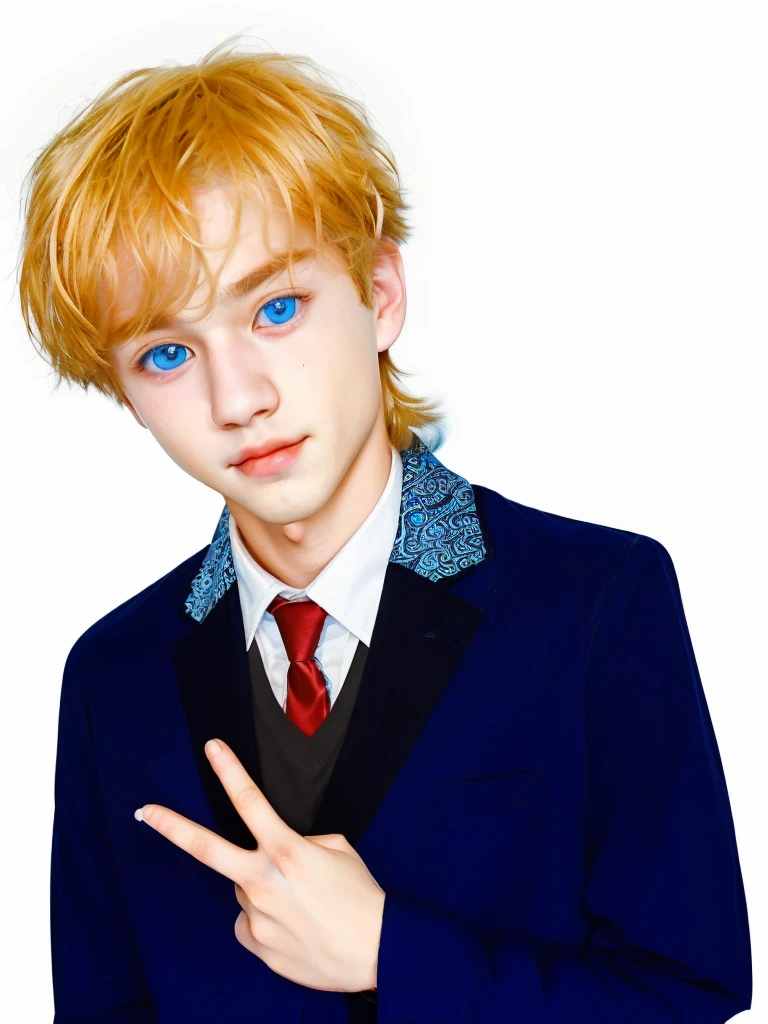 Young boy, handsome, blue ocean eyes, with blue dongker jass, softboy face, white skin, smirk lips, perfect body, you can check the picture