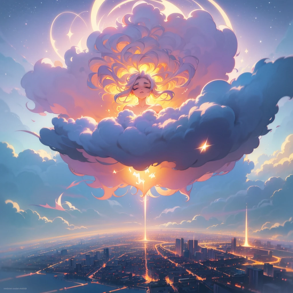 a beautiful 20 year old blonde nude woman with big messy hair, laying on a fluffy cloud, floating gracefully over a small city, cityscape, twinkling stars and glowing moon at night, cute detailed digital art, colorfull digital fantasy art, digital fantasy art ), glossy digital painting, rossdraws pastel vibrant, rossdraws 2. 5, rossdraws 1. 0