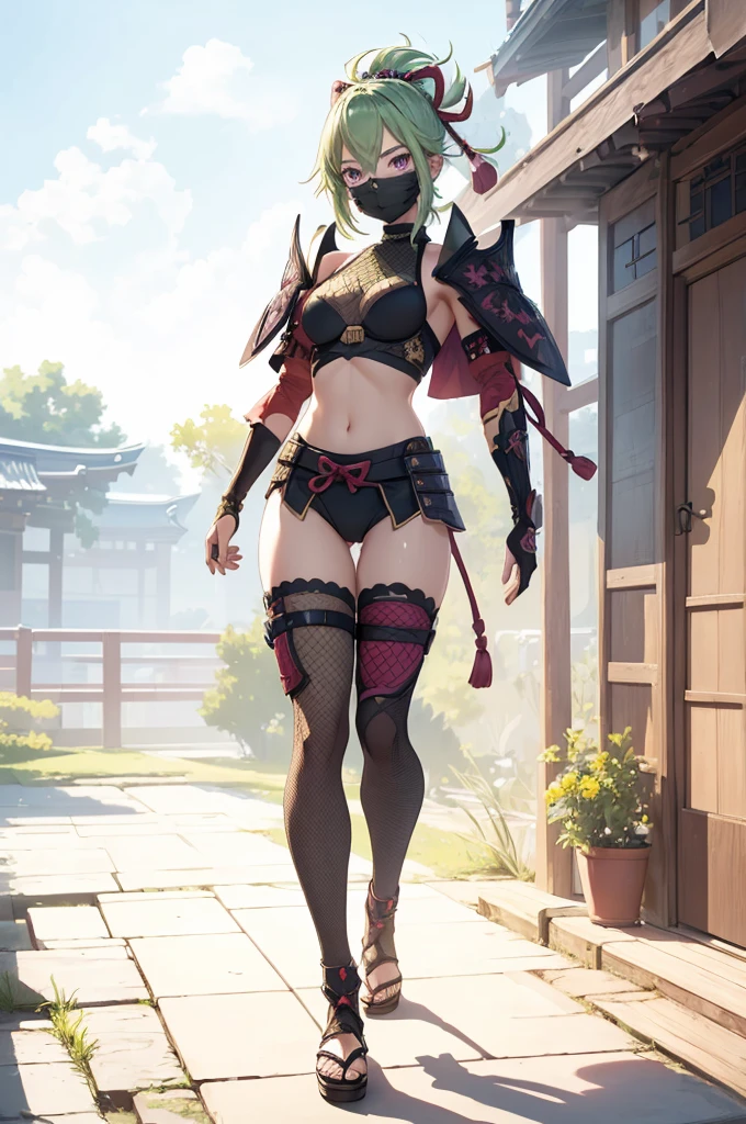 ((1girl, solo)), beautiful body, (perfect anatomy, perfect body, perfect hands, perfect legs), natural proportions, sexy body, large breasts, (full body, full-body shot, full body front:1.5), ((cowboy shot)), (((legs apart))) BREAK
((extremely detailed face)), (beautiful detailed eyes:1.6), (realistic pupils, realistic iris:1), expressive eyes, looking at viewer, (clear eyes:1.3), (hyperrealistic:1.2), (detailed skin texture:1.2), smooth skin, kuki shinobu, purple eyes, green hair, ((mouth mask)), perfect face, perfect eyes BREAK
ninja, (fishnet top:1.5), (crop top:1.5), cleavage, (cropped jacket:1.5), (shoulder armor:1.5), (arm guard:1.5), partially fingerless gloves, midriff, short shorts, black shorts, ((black thighhighs)), (((greaves))), sandals, (revealing clothes:1.5), (japanese armor:1.5), (samurai armor), (highleg panty straps:1.3), tassel BREAK
outdoor, day, japanese building, east asian architecture BREAK
(masterpiece:1.5), anime-style, top quality, best quality, (beautiful and aesthetic:1.2), (ultra detail:1.5), Ultra-detailed depiction, Ultra-precise depiction, extremely detailed 8k illustration, high resolution, (highly detailed shading:1.2), (realistic lighting:1.4), perfect lighting, vibrant colors, dynamic tones, striking hues, 8k, absurd resolution, perfect shadows, hdr, UHD, ambient lighting, realistic, ultra-realistic, photo realistic, highly detailed, rich detail, luminous colors, fine texture, intricate design, professional illustration, (soft light:1.2), (illustration:0.7)