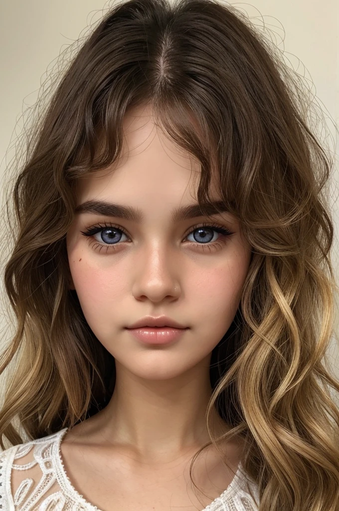 Bythe doll with dark brown hair and blonde balaye, curly hair, bangs on her forehead, very white skin, dark eyes, and a mole on the left side of her nasal septum.