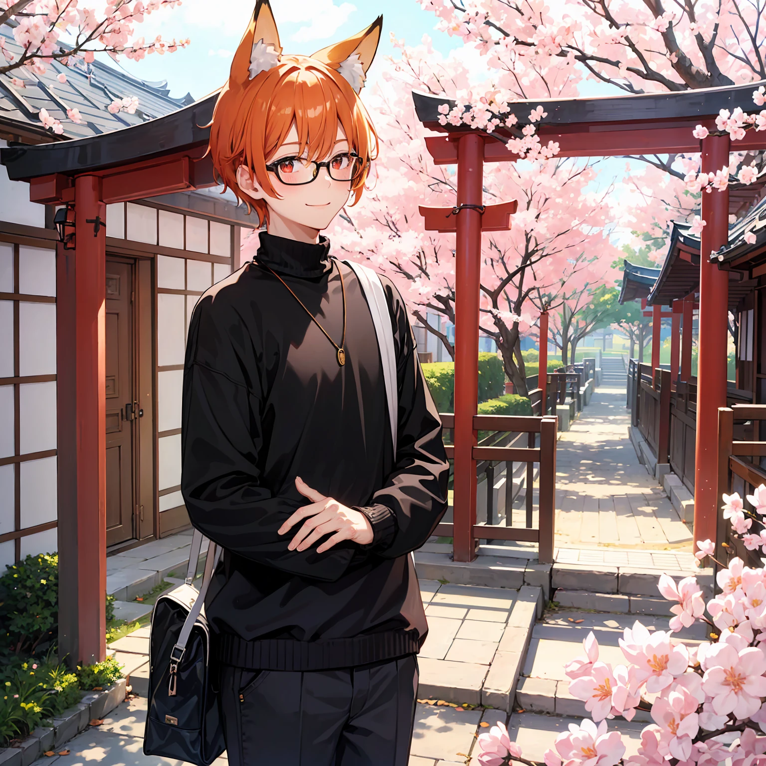 colorful, masterpiece, 1boy, smile, ^^, blush, stylish hair, black glasses, orange hair, red eyes, fox ears, wallpaper, landscape, depth of field, morning, sakura bloom, sakura tree, school gate, light particles, light rays, sidelighting, japanese school, pov from left, (black japanese school shirt), black japanese school pants, (black sweater, open sweater:1.1)