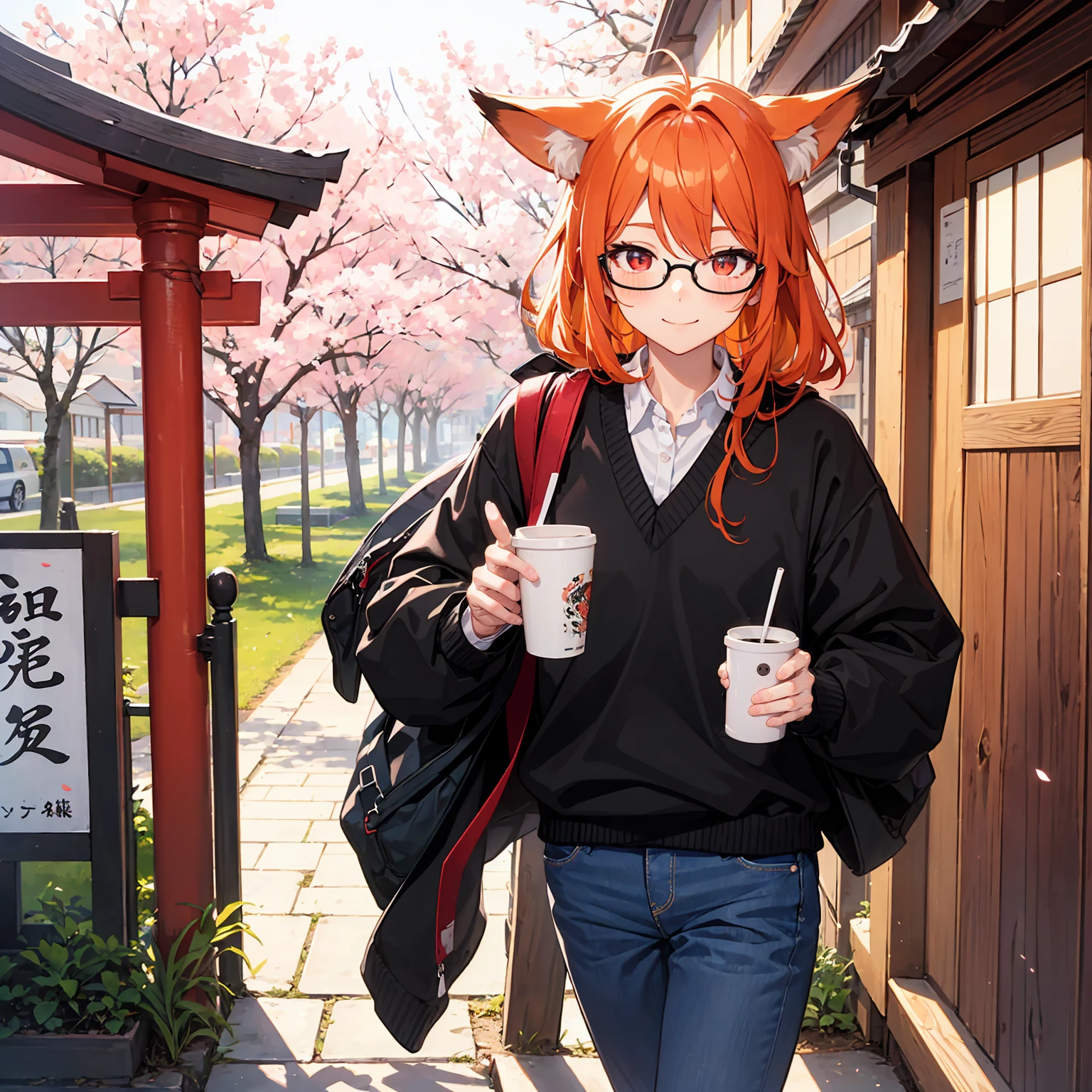 colorful, masterpiece, 1boy, smile, ^^, blush, stylish hair, black glasses, orange hair, red eyes, fox ears, wallpaper, landscape, depth of field, morning, sakura bloom, sakura tree, school gate, light particles, light rays, sidelighting, japanese school, pov from left, (black japanese school shirt), black japanese school pants, (black sweater, open sweater:1.1) 