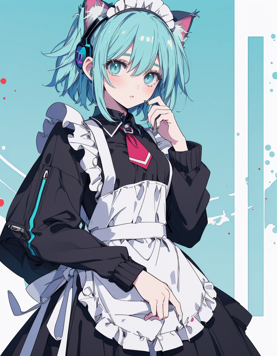 body tattoo, full-body, cyber punk and maid, ((masterpiece, best quality:1.5)), ((Beautiful detailed cat aqua eyes:1.2)), cat ears, pale skin, medium breasts, beautiful hands, beautiful fingers, EasyNegative