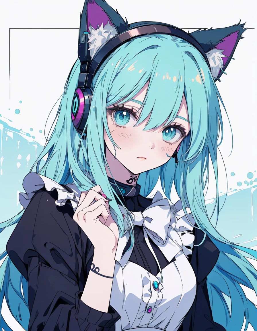 body tattoo, full-body, cyber punk and maid, ((masterpiece, best quality:1.5)), ((Beautiful detailed cat aqua eyes:1.2)), cat ears, pale skin, medium breasts, beautiful hands, beautiful fingers, EasyNegative