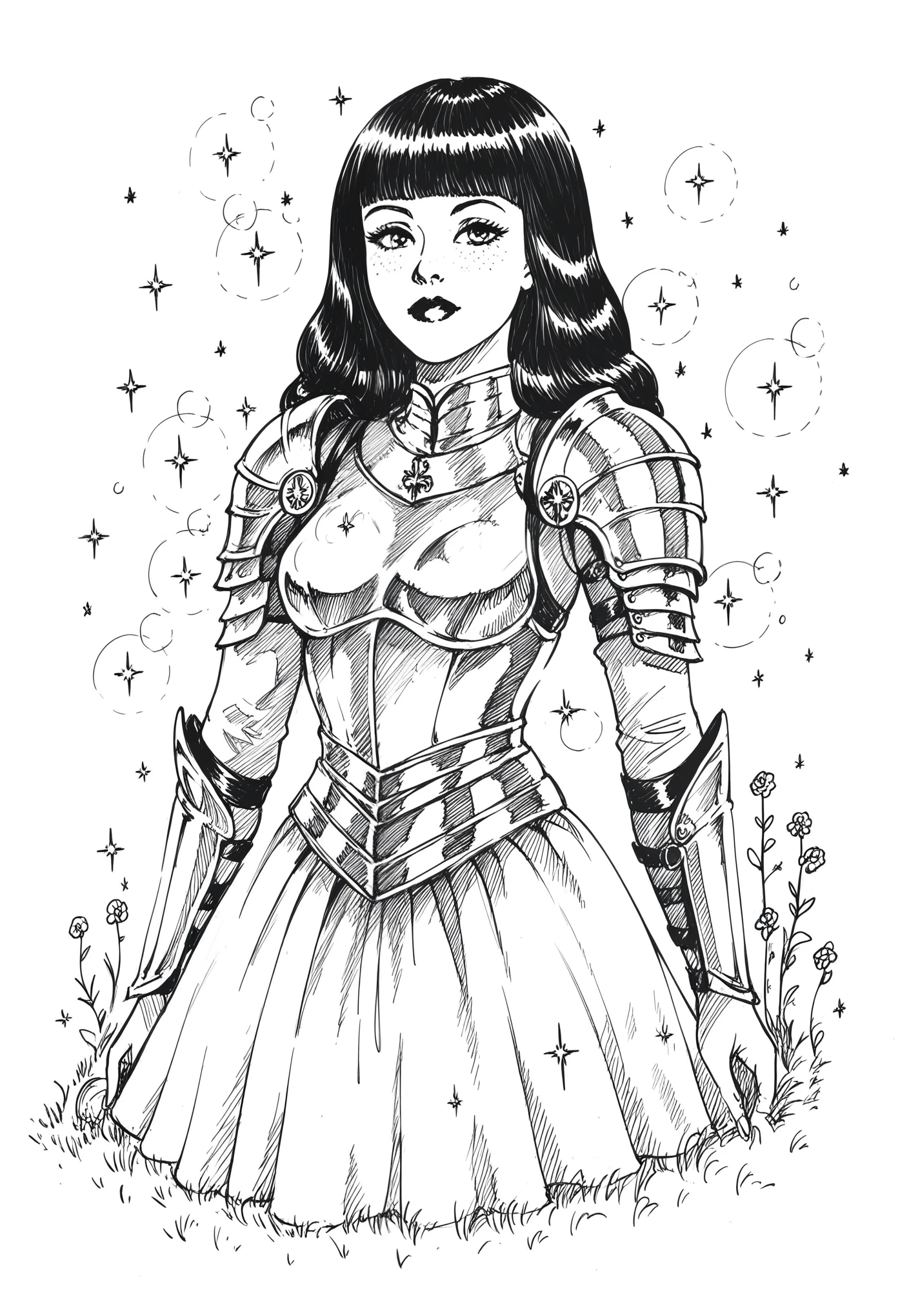 score_9, score_8_up, score_7_up, 1girl, sp1t, abundant detailed hatching shading, monochrome,best quality, high resolution, clean background, blunt bangs, straight hair, hime cut, A medieval female knight in luminous armor, (Luminescent armor:1.3), glitter with gold,