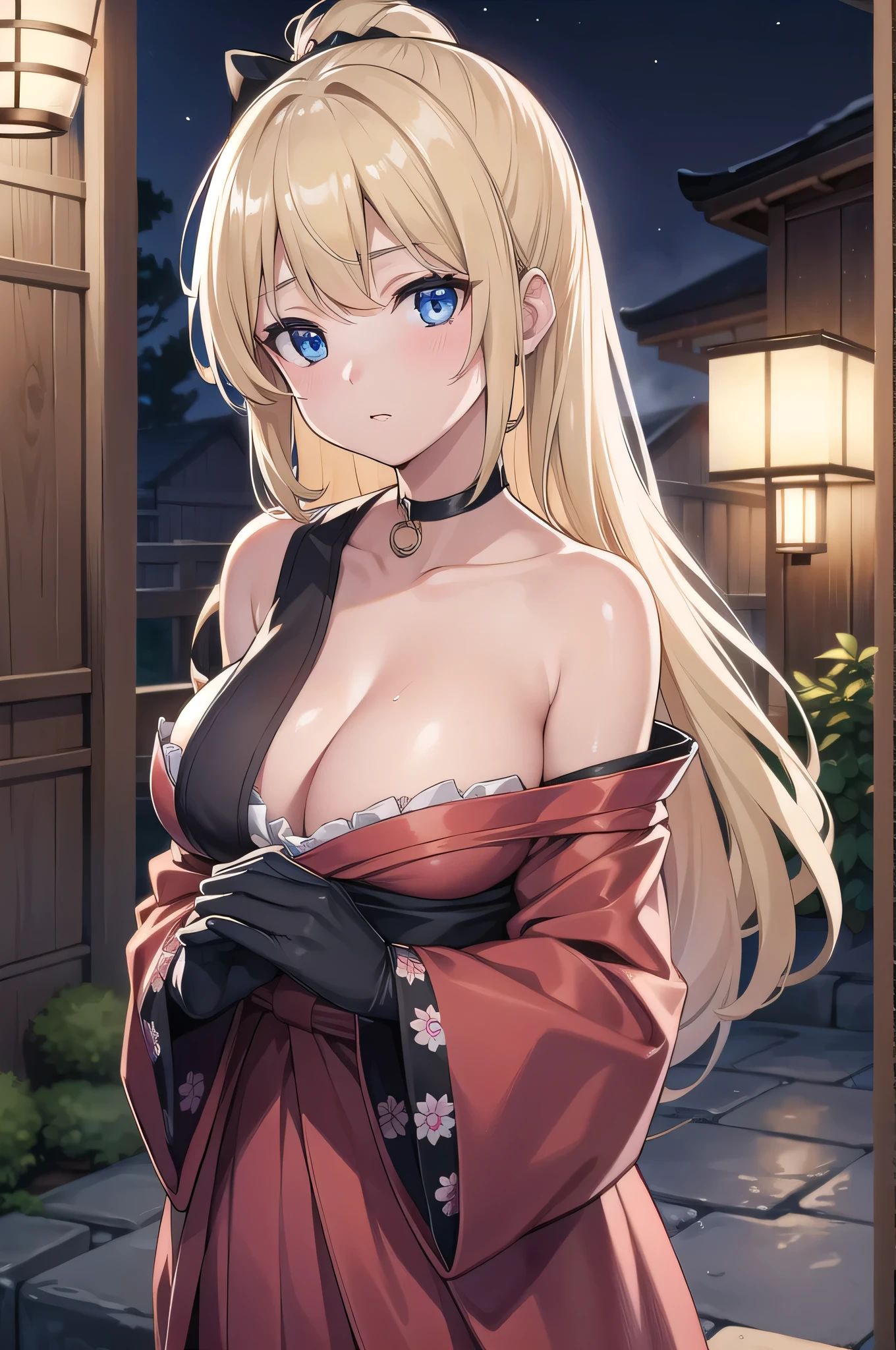 beatrixamerhauser, beatrix amerhauser, long hair, blue eyes, blonde hair, gloves, ponytail, (medium breast:1.2),
BREAK japanese clothes, kimono, yukata,cleavege,neckline,black choker,
BREAK looking at viewer,
BREAK outdoors, onsen,night,steam,wet,
BREAK (masterpiece:1.2), best quality, high resolution, unity 8k wallpaper, (illustration:0.8), (beautiful detailed eyes:1.6), extremely detailed face, perfect lighting, extremely detailed CG, (perfect hands, perfect anatomy),