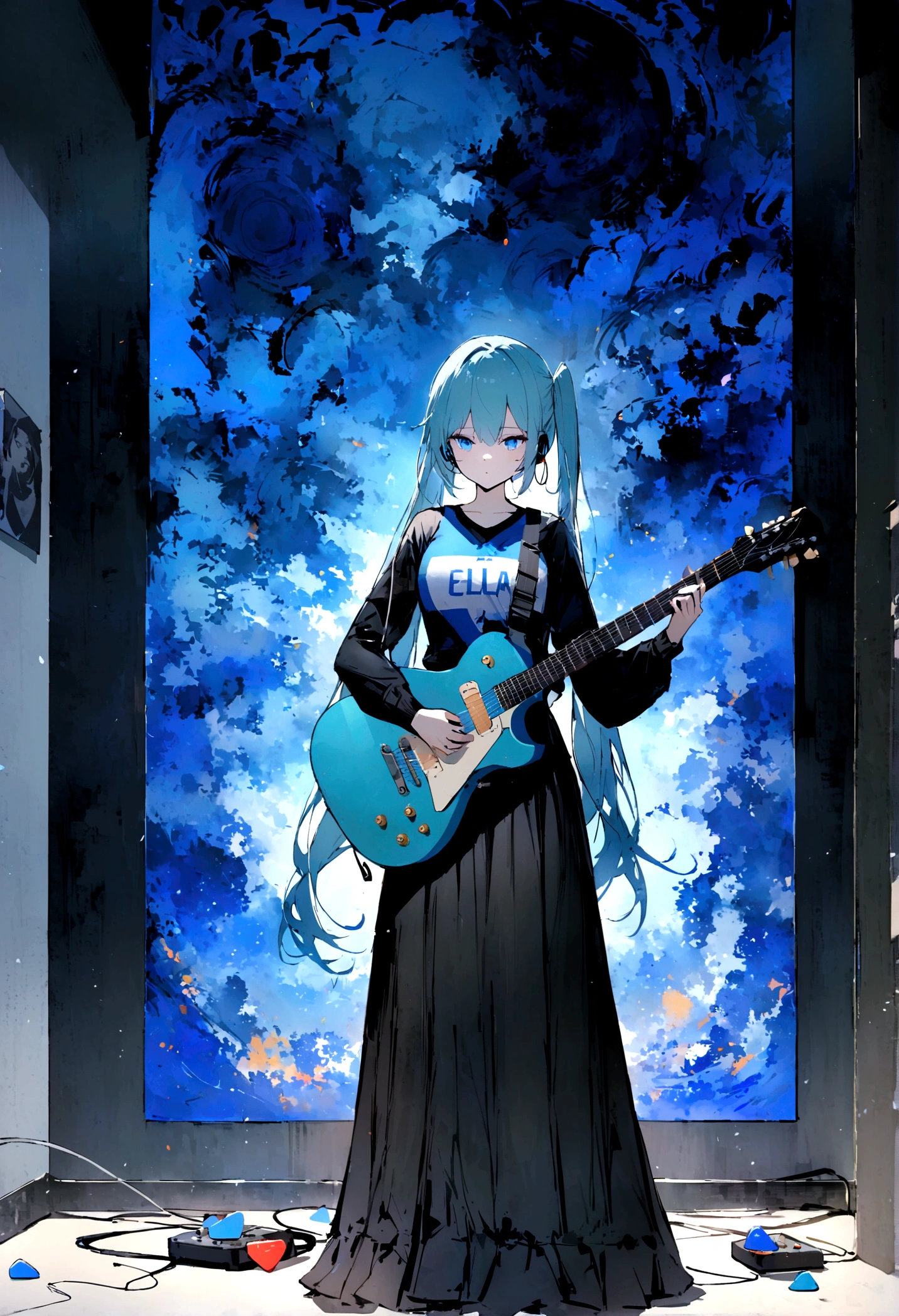 ((work of art, best qualityer))1 girl, standing alone, black gown, blue colored eyes, guitar elétricara, guitar, earbuds, rabo de cavalo duplo, containment, containment plectrum, instrument, long hair, music, one side up, teal hair, twin tails, tocando guitar, pleatedskirt, black jersey, hinterland