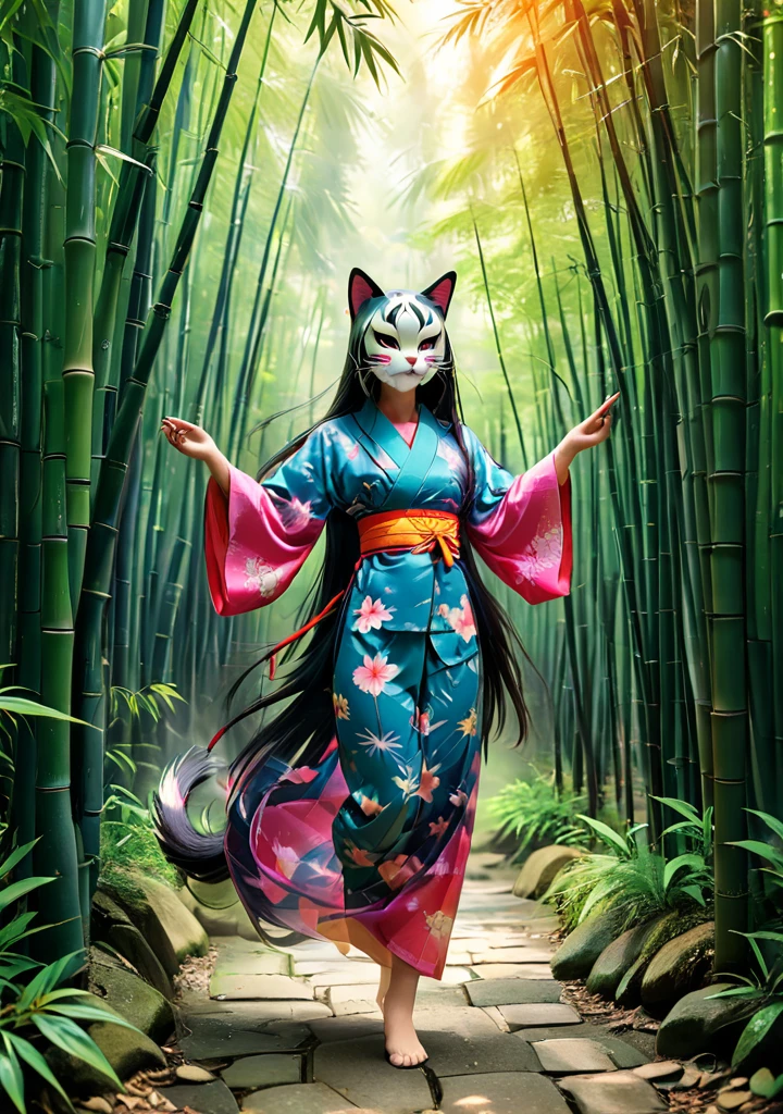 Girl wearing a Japanese Japanese style cat mask、Wearing a yukata、Long straight hair with bangs、Inside the bamboo forest、Complex colors, Art I、real photografic、High definition、detailded、all-body