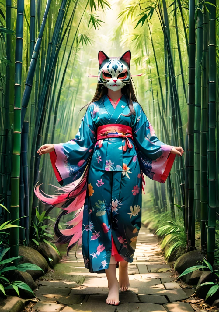 Girl wearing a Japanese Japanese style cat mask、Wearing a yukata、Long straight hair with bangs、Inside the bamboo forest、Complex colors, Art I、real photografic、High definition、detailded、all-body